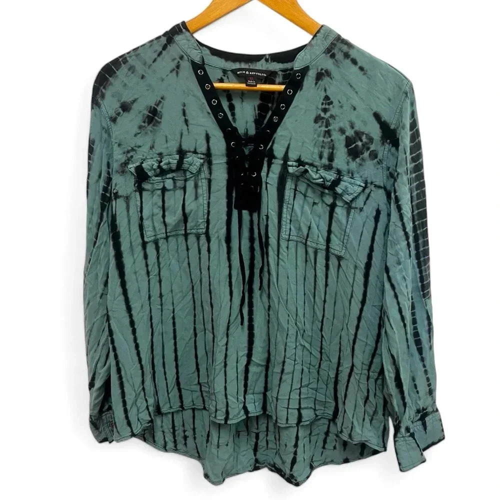 Rock & Republic Blue with Black Tie Dye Long Sleeve Pullover Blouse Size XL